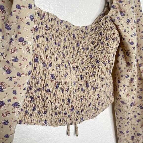 Blush Womens Top Size S Brown Floral Long Sleeve Cropped Casual Blouse - Picture 11 of 11